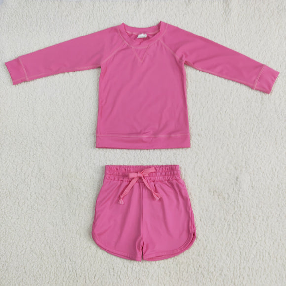 Solid Hot Pink Athletic Girls Long Sleeve Shorts Sets