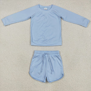 Solid Sky Blue Athletic Girls Long Sleeve Shorts Sets