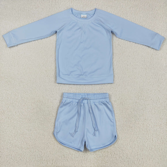 Solid Sky Blue Athletic Girls Long Sleeve Shorts Sets