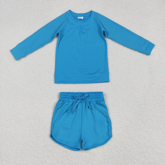Solid Blue Athletic Girls Long Sleeve Shorts Sets