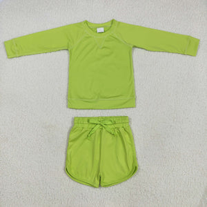 Solid Light Green Athletic Girls Long Sleeve Shorts Sets