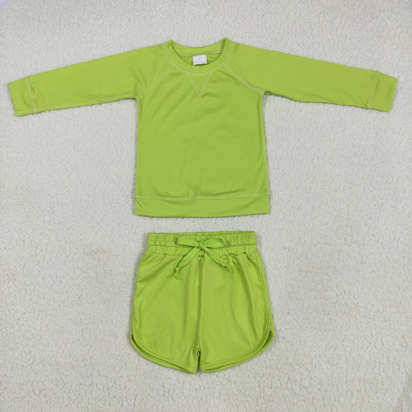 Solid Light Green Athletic Girls Long Sleeve Shorts Sets