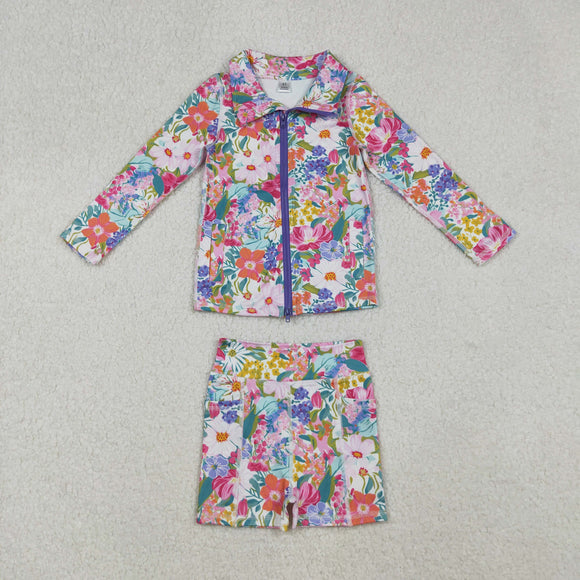 Floral Athletic Girls Long Sleeve Shorts Sets