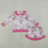 Floral Ruffles Collar Long Sleeve Girls Shorts Sets