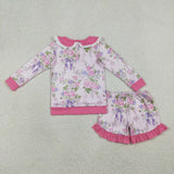 Floral Ruffles Collar Long Sleeve Girls Shorts Sets