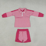 Hot Pink White Stripe Athletic Long Sleeve Girls Shorts Sets