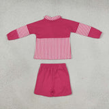 Hot Pink White Stripe Athletic Long Sleeve Girls Shorts Sets