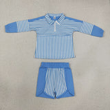 Blue White Stripe Athletic Long Sleeve Girls Shorts Sets