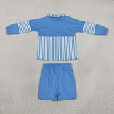 Blue White Stripe Athletic Long Sleeve Girls Shorts Sets