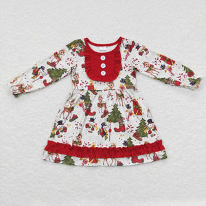 Reindeer Snowman Red Ruffles Girls Christmas Dress