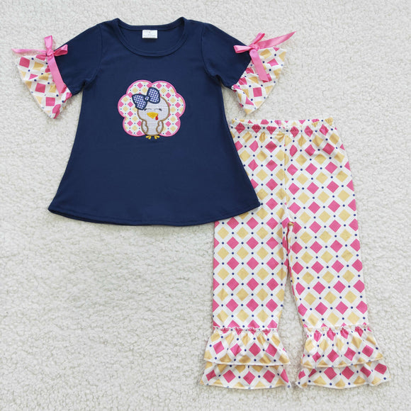 Turkey Pink Bow Rhomboid Navy Girls Thanksgiving Outfits