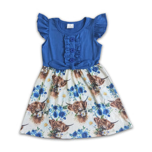 Promotional Highland Cow Blue Girls Flutter Sleeve Dress