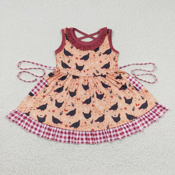 Chicken Floral Plaid Girls Sleeveless Dress