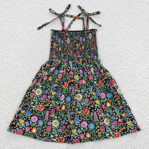 Floral Black Smocked Girls Sleeveless Dress