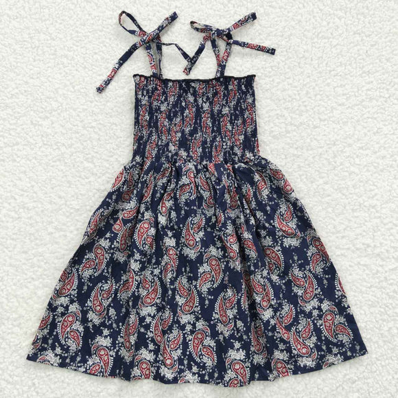 Red Pattern Floral Navy Smocked Girls Sleeveless Dress