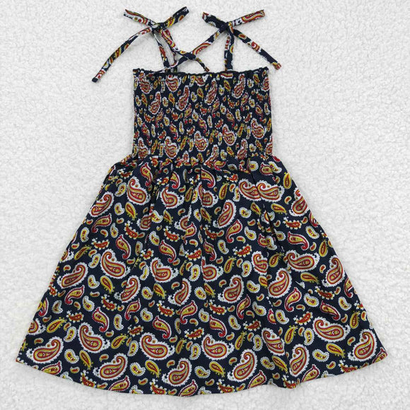 Pattern Floral Black Smocked Girls Sleeveless Dress