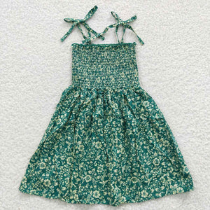 Floral Green Smocked Girls Sleeveless Dress