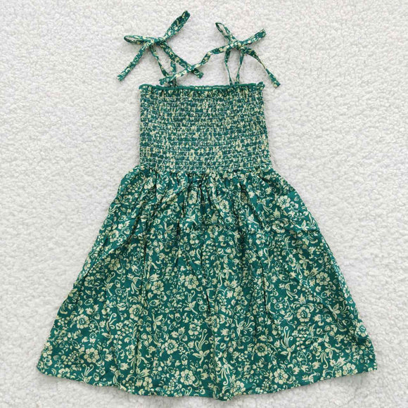 Floral Green Smocked Girls Sleeveless Dress