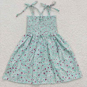 Red Floral Lake Green Smocked Girls Sleeveless Dress