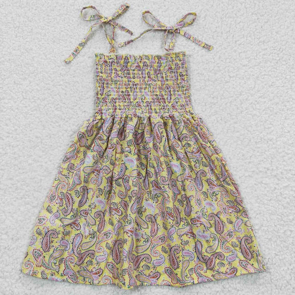 Pattern Floral Yellow Smocked Girls Sleeveless Dress