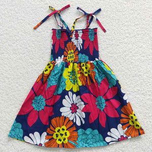 Floral Blue Smocked Girls Sleeveless Dress