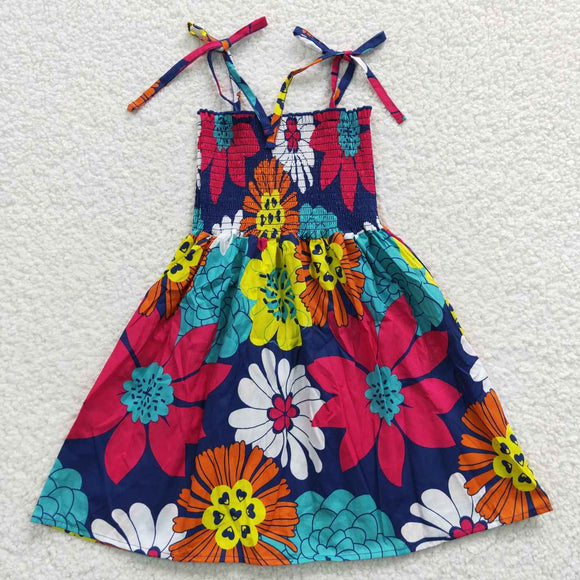 Floral Blue Smocked Girls Sleeveless Dress