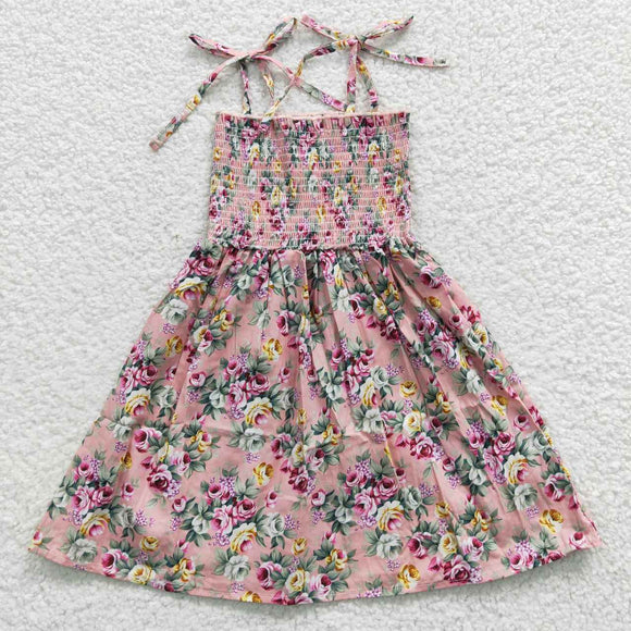 Floral Pink Smocked Girls Sleeveless Dress