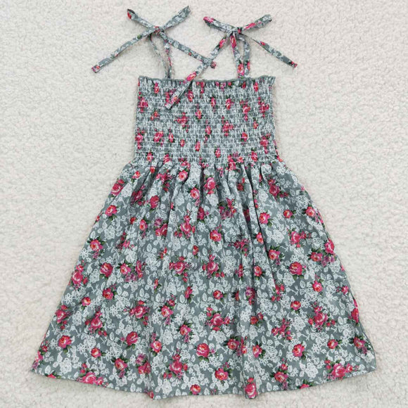 Red Floral Dark Green Smocked Girls Sleeveless Dress