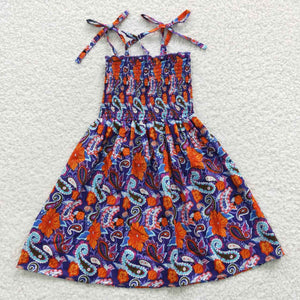 Red Orange Floral Blue Navy Smocked Girls Sleeveless Dress