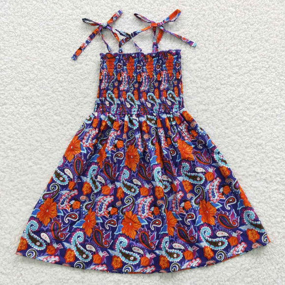 Red Orange Floral Blue Navy Smocked Girls Sleeveless Dress