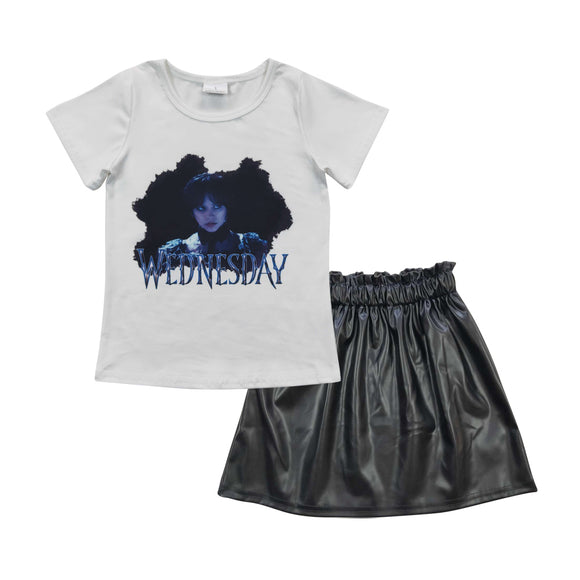Wednesday Black Leather Girls Skirt Sets