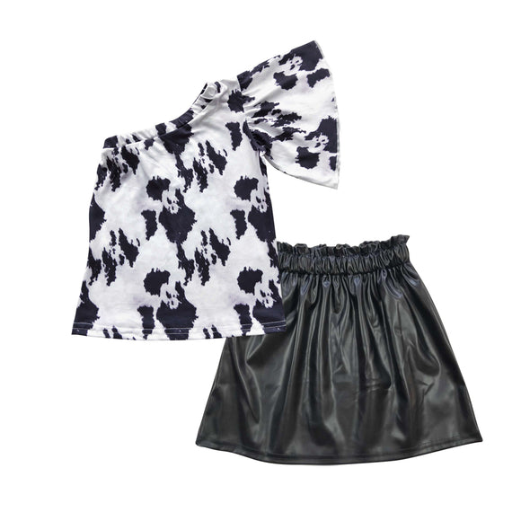 Cowhide One Shoulder Black Leather Girls Skirt Sets
