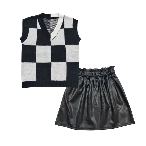 (2T-8-9T) Wednesday Plaid Vest Black Leather Girls Skirt Sets