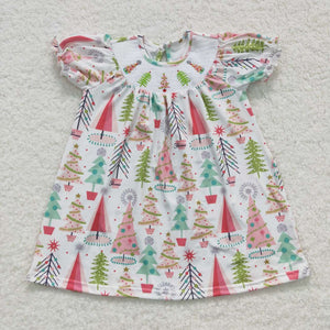 Tree Smocked White Girls Christmas Dress