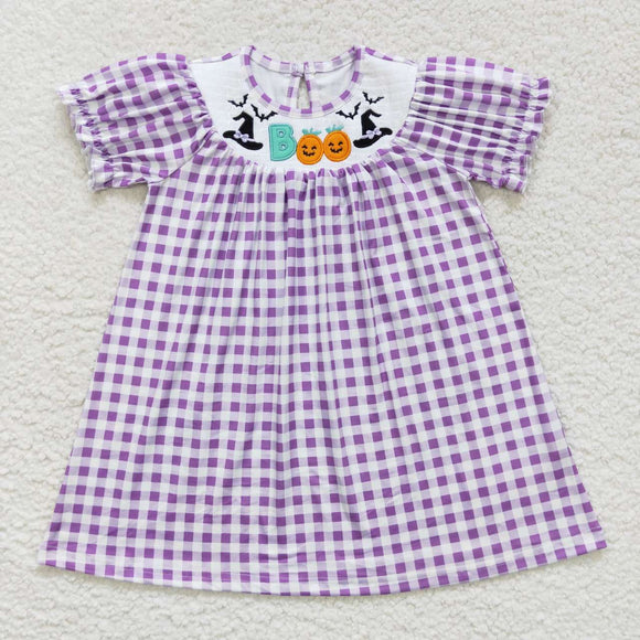 Boo Pumpkin Bat Purple Plaid Smocked Girls Halloween Dress