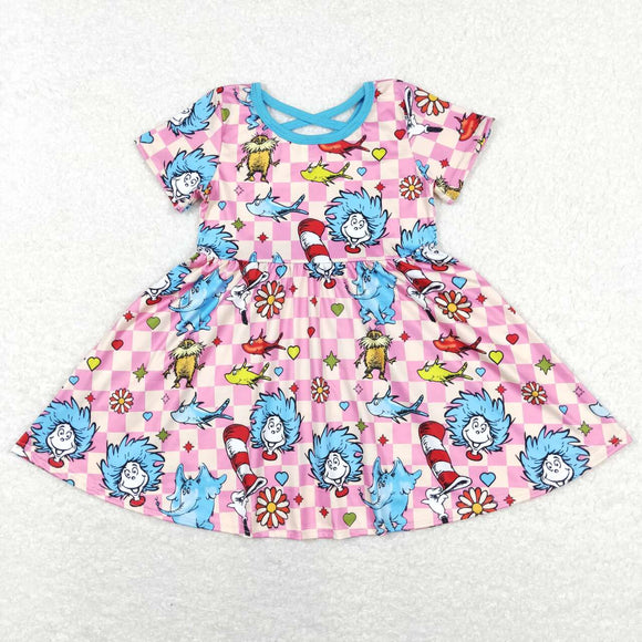 Cartoon Cats Pink Plaid Girls Short Sleeve Dress