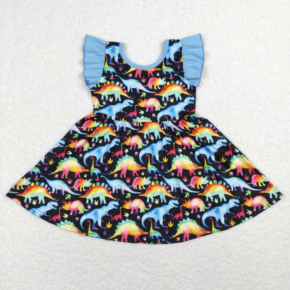 Colorful Dinosaur Blue Black Girls Flutter Sleeve Dress