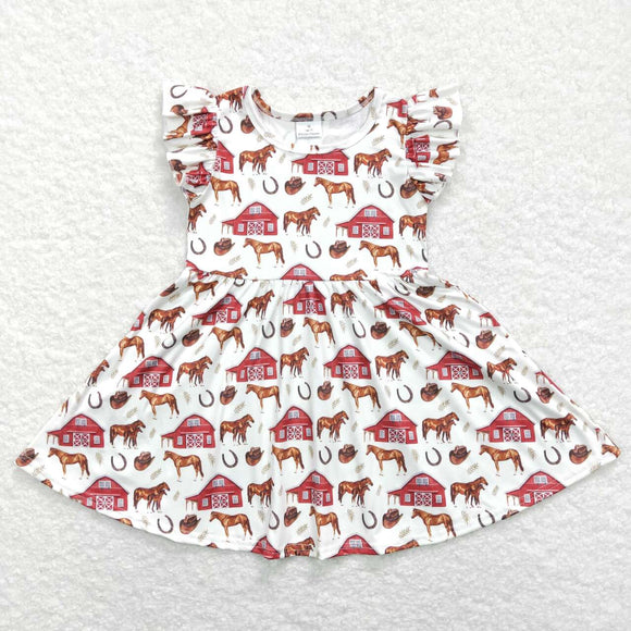 Farm House Horse Beige Girls Flutter Sleeve Dress