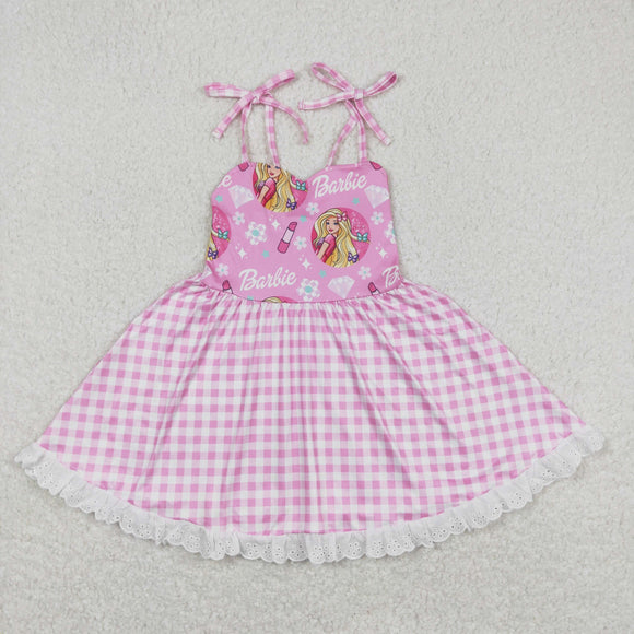 Cartoon Dolls Pink Plaid Girls Sleeveless Dress