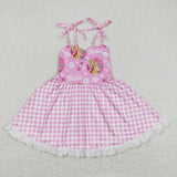 Cartoon Dolls Pink Plaid Girls Sleeveless Dress