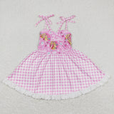 Cartoon Dolls Pink Plaid Girls Sleeveless Dress