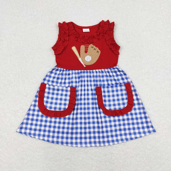 Baseball Blue Plaid Red Ruffles Bows Girls Sleeveless Dress