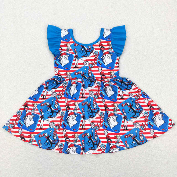 Cartoon Cats Stripe Blue Girls Flutter Sleeve Dress