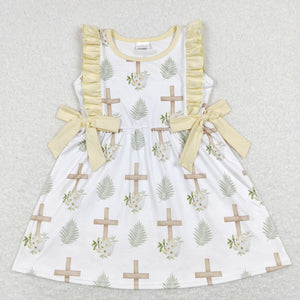 Cross Floral Yellow Ruffles Girls Easter Dress