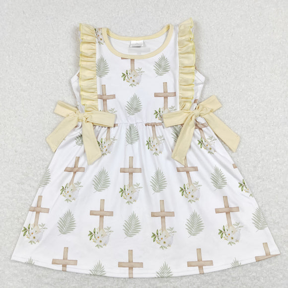 Cross Floral Yellow Ruffles Girls Easter Dress