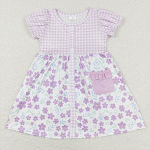 Pocket Floral Purple Plaid Girls Short Sleeve Dress