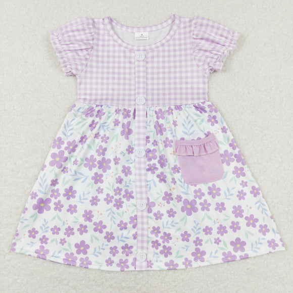 Pocket Floral Purple Plaid Girls Short Sleeve Dress