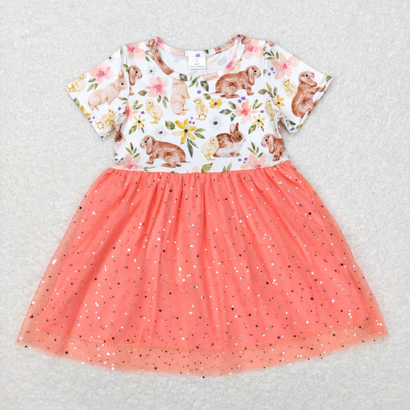 Bunny Floral Orange-Red Gauze Girls Easter Dress