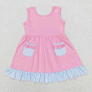 Blue Stripe Ruffles Pink Girls Sleeveless Dress