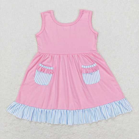 Blue Stripe Ruffles Pink Girls Sleeveless Dress